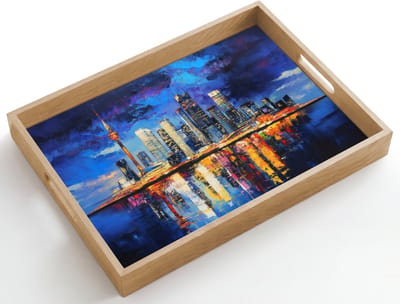 Dienblad hout 50x35 cm - Schootdienblad - Skyline Toronto - Modern - Stadslicht - Blauw - Borrelplank rechthoek - Plateau dienbladen