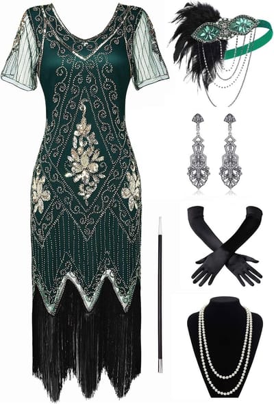 Damesjurk in jaren 20 flapperjurk met Gatsby-thema, feestkostuumset, S