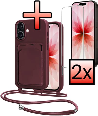 Hoes Geschikt voor iPhone 17 Hoesje Pasjeshouder Cover Met Koord Case Siliconen Hoes Met Telefoonkoord en Kaarthouder Met 2x Screenprotector - Aubergine