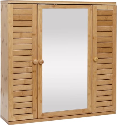 Spiegelkast MCW-B18, badkamer spiegelkast wandkast, 3 planken 3 deuren bamboe spiegel 60x60x15cm