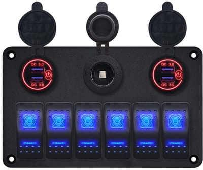 ProRide Schakelpaneel 12V voor Auto/Boot - 4 USB Poorten met Schakelaar - QC3.0 - PUSB1QC-R - 6 schakelaars + 12V/24V stopcontact