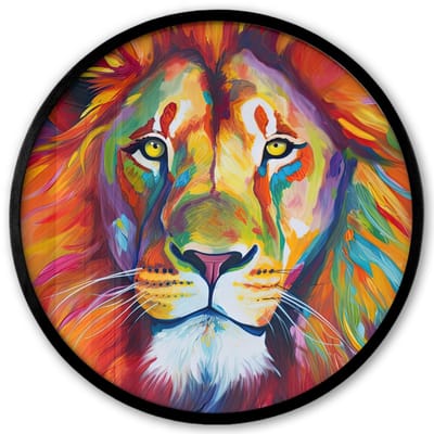 Poster in lijst Rond - Fotolijst 40x40 cm - Posters - Leeuw - Dieren - Olieverf - Regenboog - Ronde posterlijst zwart - Decoratie - Wanddecoratie woonkamer - Muurdecoratie slaapkamer