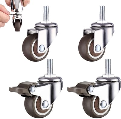 MTTproducts- Zwenkwielen set van 4 - 25 mm geluidsarm - M6 met schroefdraad - 2 wielen met rem - 2 wielen zonder rem - rubberen wielen - Meubelwielen
