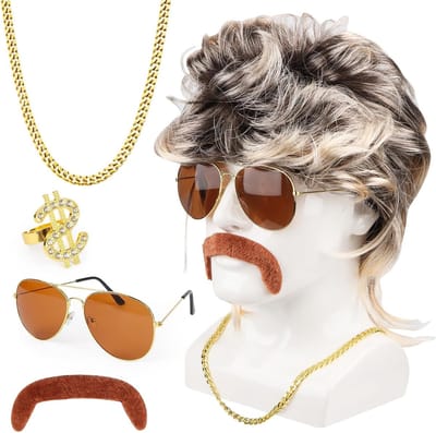 Retro 1980s kostuum met vokuhila pruik, snor, ketting, ring en zonnebril voor cosplay en Halloween feesten