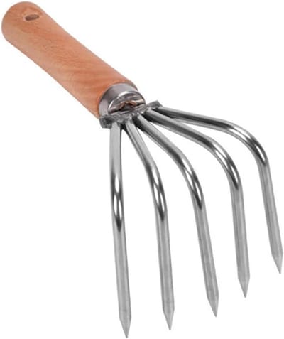 Handhark Klauw - Tuinhark Wieden - Bodem Losmaken - Roestvrij Staal - Korte Steel - Hout
