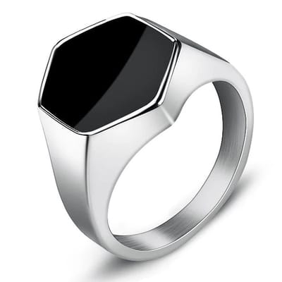 Zegelring Heren Zilver Kleurig met Zwarte Steen - Zeshoekig - Staal - Ring Ringen - Papa Cadeau Voor Mannen - Vaderdag