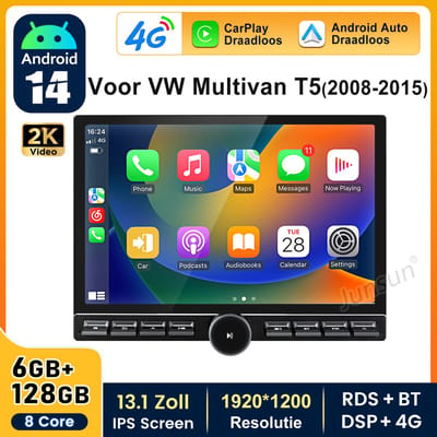 JUNSUN autoradio Geschikt voor VW T5 Multivan Transporter Android 14 GPS Carplay Navi 6+128GB Andriod Auto | BT-5.0 RDS FM 4G SWC