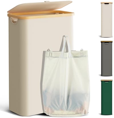 Wasmand met deksel, 48 liter, wasverzamelaar, smal, met waszak, opvouwbare wasmand, hout, bamboe, wasmand, hoge wasmand, beige