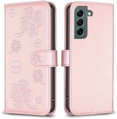 Voor Samsung Galaxy S24 FE 5G Vierbladig reliëf leren telefoonhoesje (roze)