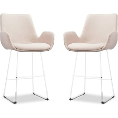 Nolon Nino-Eef Barkrukken Set van 2 Beige - met Armleuning - Wit Onderstel - 65 cm - Voor Kookeiland - Barkruk met Rugleuning - Lage Armleuning - Scandinavisch
