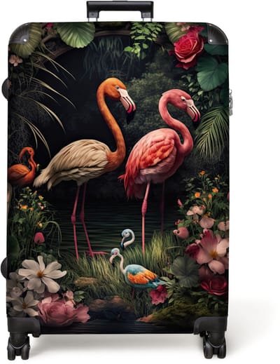 NoBoringSuitcases.com® - Koffer groot - Reiskoffer lichtgewicht - Flamingo - Bloemen - Planten - Jungle - Roze - Rolkoffer met 4 wielen - Grote trolley XL - 98 liter bagage