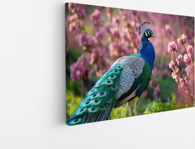 Saammp Canvas Schilderij - Pauw bij roze bloemen - Dieren - Natuur - 45x30 - Foto op canvas - Wanddecoratie - muurdecoratie Woonkamer - Slaapkamer decoratie - Canvas Print