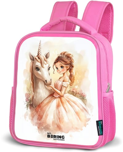 NoBoringSuitcases.com® - Rugzak roze - Schooltas meisjes - Prinses in jurk met witte eenhoorn - Kinder rugtas meisje - Boekentas kind - Kinderrugzak voor school - Schoolrugzak