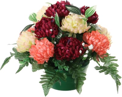 Louis Maes Kunstbloemen in pot - zalm/rood/creme - D30 x H24 cm - Bloemstuk ornament - crysanten met bladgroen