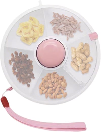 Draaibare Snackbox - Draaibare Opbergdoos - Organizer met Deksel en 5 Vakken - Voor Voedsel, Fruit, Groenten, Noten - Geschikt voor Reizen, Vliegtuigen, Auto's - Roze