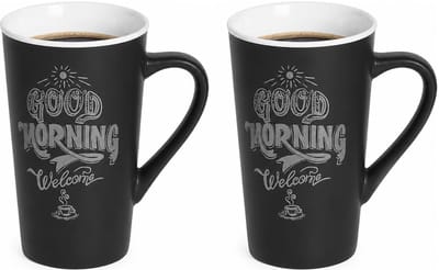 Secret de Gourmet hoge koffie mok / beker met oor - 2x - zwart - keramiek - 500 ml - koffie print - servies - warme dranken