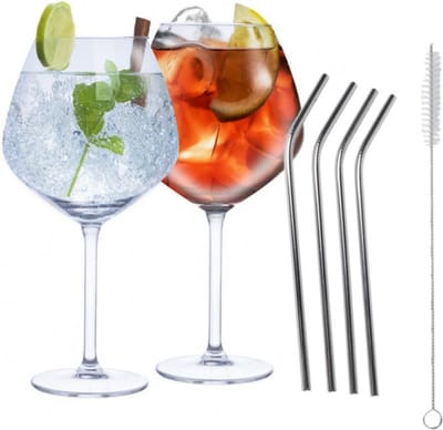 Set van 4x Gin Tonic cocktailglazen met 4x herbruikbare rietjes RVS - 730 ml - Cocktails drinken - Cocktails