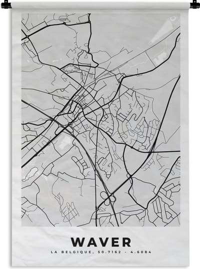 Wandkleed - Wanddoek - Stadskaart – Zwart Wit - Kaart – Waver – België – Plattegrond - 120x180 cm - Wandtapijt