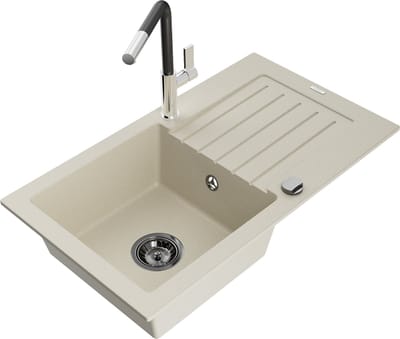 Mexen Pablo granieten gootsteen 1-komors met afdruiprek en keukenkraan Flora, beige - 6510-69-670401-07-B