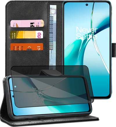 Hoesje geschikt voor OnePlus Nord CE 4 Lite - Privacy Screenprotector Volledig Dekkend Glas - Portemonnee Book Case Zwart
