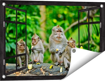 Gards Tuinposter Doorkijk Groep Apen Eten Bananen in het Bos - 60x40 cm - Tuindoek - Tuindecoratie - Wanddecoratie buiten - Tuinschilderij