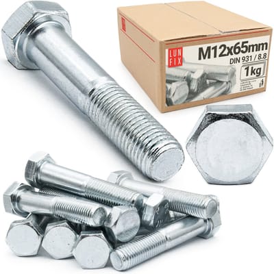 LUN FIX - Zeskantschroeven M12 x 65 - 1 kg (ca. 14 stuks) - DIN 931 Volledige schroefdraad - verzinkt staal