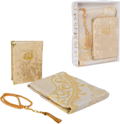 FIRASSET Islamitische Gebedsgeschenkset – Gebedskleed, Fluwelen Yaseen Boek & Tasbih | Moslim Namaz Salah Set | Gemaakt in Türkiye