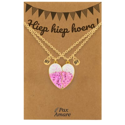 BFF Ketting voor 2 'Hiep Hiep Hoera' - Roze Glitter Hartje - Vriendschapsketting op Cadeau Kaartje - 45cm + 5cm verstelbaar - Goudkleurig - Verjaardags Hanger - Pax Amare