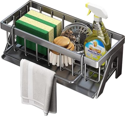 RVS Afwasbak Organizer met Sponshouder, Automatische Afvoer en Handdoekhouder voor Keuken en Badkamer