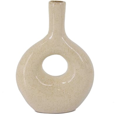HomeBound by KY | Aardewerk donut vaas beige | beige vaas met gat | 18x8x25,5cm | off white vaas