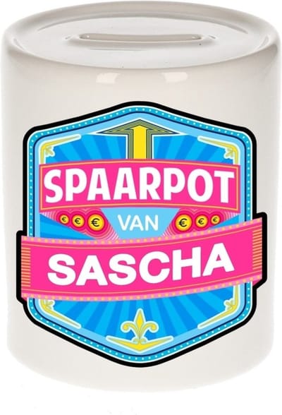 Bellatio Decorations Kinder spaarpot met naam - Sascha - keramiek - met dop - wit - Sparen - Spaargeld van Sascha
