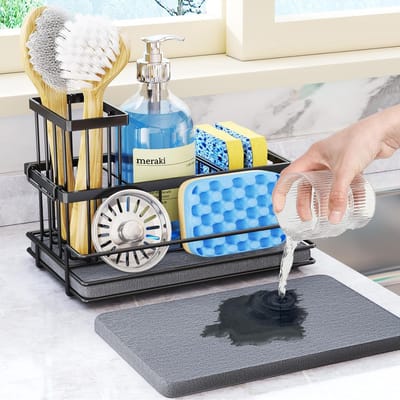 Famanu – Spoelbak caddy met borstelhouder en sneldrogende basis, roestvrij staal, zwart