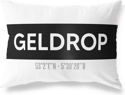 Tuinkussen GELDROP - NOORD-BRABANT met coördinaten - Buitenkussen - Bootkussen - Weerbestendig - Jouw Plaats - Studio216 - Modern - Zwart-Wit - 50x30cm