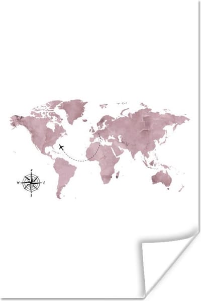 Poster 20x30 cm - Wereldkaart - Roze - Vliegtuig - Posters - Kamer decoratie - Wanddecoratie woonkamer - Muurdecoratie slaapkamer