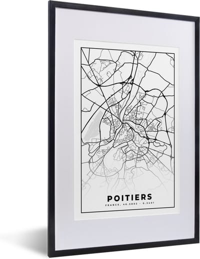 Fotolijst incl. Poster Zwart Wit- Plattegrond - Kaart - Poitiers - Frankrijk - Stadskaart - Zwart wit - 40x60 cm - Posterlijst