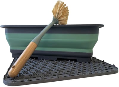 HEM Complete Afwas Set – Opvouwbare Afwasbak/ Dienblad 8L + Bamboe Afwasborstel + Grijze Siliconen Afdruipmat – Keukenafwasset , afwassetCamping
