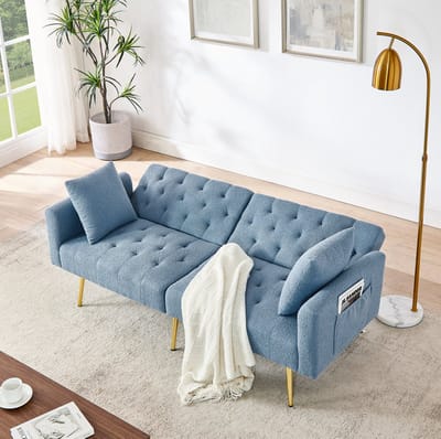 DESMIU Slaapbank 2-Zits - 3-Standen Verstelbare Rugleuning Met 2 Kussens - Voor Woonkamer En Klein Appartement - Teddystof Blauw