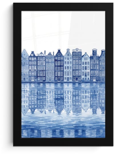 Poster in lijst - Fotolijst 20x30 cm - Posters - Aquarel - Grachtenpanden - Delfts - Blauw - Posterlijst zwart - Decoratie - Wanddecoratie woonkamer - Muurdecoratie slaapkamer
