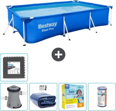 Bestway Rechthoekig Steel Pro Zwembad - 300 x 201 x 66 cm - Blauw - Inclusief Pomp Solarzeil - Onderhoudspakket - Filter - Vloertegels