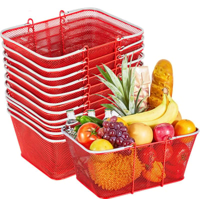 Set van 12 Stapelbare Metalen Winkelmanden, Capaciteit van 22 Liter met Handgrepen, Duurzaam Gaasontwerp, Ondersteunt tot 20 Kg, Ideaal voor Supermarkten, Winkels, Supermarkten, Boekwinkels En Thuisgebruik, Rood