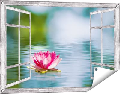 Gards Tuinposter Doorkijk Roze Lotusbloem op het Water - 90x60 cm - Tuindoek - Tuindecoratie - Wanddecoratie buiten - Tuinschilderij