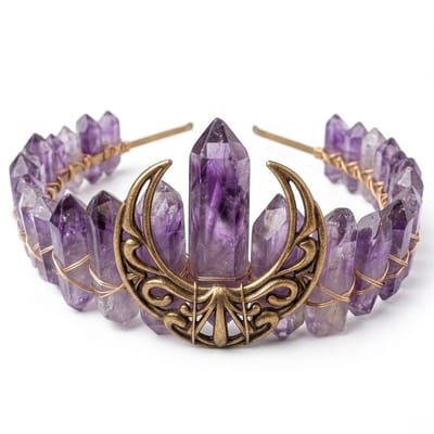 Paars kristallen tiara met goudkleurige maan hanger – diadeem voor dames – fantasy hoofdband met edelsteen look en maanmotief – geschikt voor festivals, bruiloften en fotoshoots
