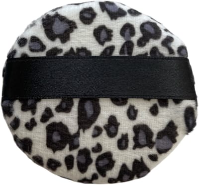 Wynie - Polyester Katoen make-up spons - Poederdons met satijn bandje - Rond - 7,5 cm x 1,2 cm - Wit - Grijs - Zwart - Panterprint - 1 stuks in blisterverpakking