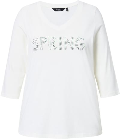 Ulla Popken - Dames - Shirt Spring-stateemt sierplooien V-hals driekwartsmouwen - Off-white - Maat 42+