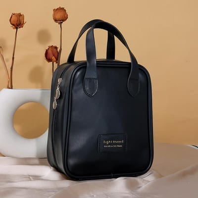 Mode Femme Sac de Maquillage Portable Grande Capacité Cuir Imperméable Sac de Rangement Cosmétiques Voyage Trousse de Toilette noir