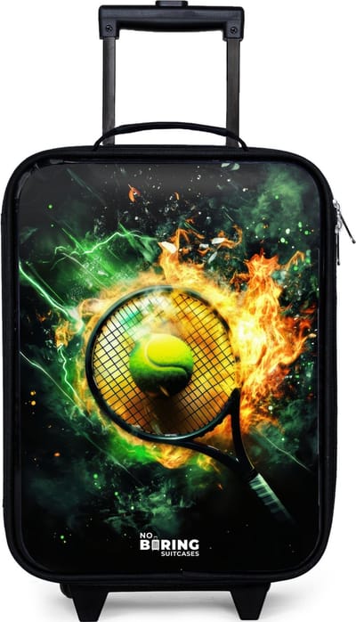 NoBoringSuitcases.com® - Kinderkoffer jongen - Kindertrolley meisje - Tennisbal in vlammen bij krachtige smash - Koffer kind lichtgewicht - Reiskoffer trolley voor kinderen - Koffertje met lichtgevende wieltjes - Rolkoffer zwart