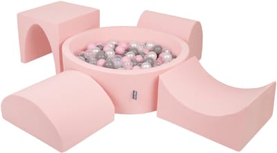 KiddyMoon schuimspeelplaats met rond ballenbad (200 ballen) ballenbakken voor baby's speelbad hindernisbanen, made in the eu, roze:pearl/grijs/transparant/powderroze
