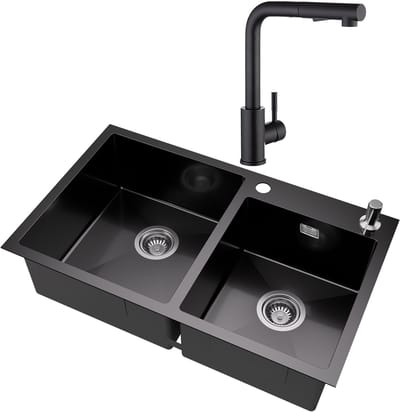 Auralum max Dubbele Spoelbak (75x45cm)Antraciet - Spoelbak Keuken Met Keukenkraan - Duurzaam, Veelzijdig en Geluiddempend - Met zeepdispenser 300ml en Waterafvoersysteem
