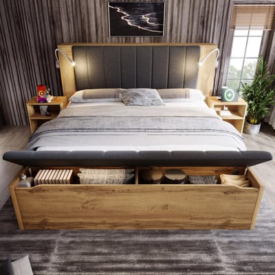 180x200cm tweepersoonsbed - met opklapbare hoofdeinde - met nachtkastje - met voetenbank - met leeslamp - eik - zonder matras