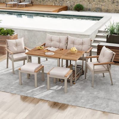 Acacia Houten Tuinset - 6-7 Personen - Incl. Eettafel, Bank, Stoelen, Krukken en Uitschuifbare Serveerwagen - Natuur/Beige